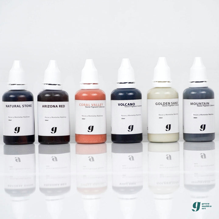 Stone Pigments Collection: los seis pigmentos para rocas en fila sobre fondo blanco